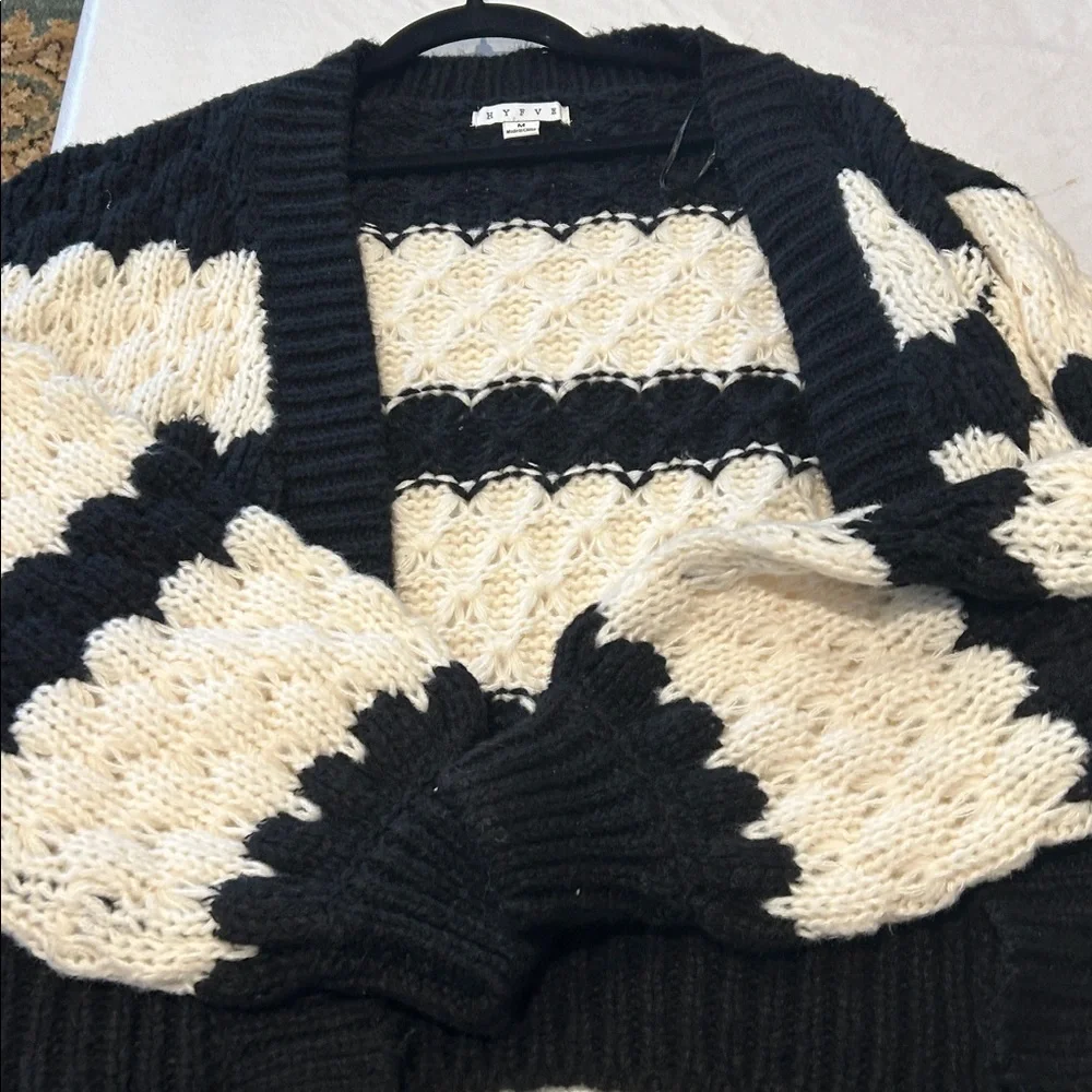 HYFVE Black and White Medium Open Knit Striped Cardigan New